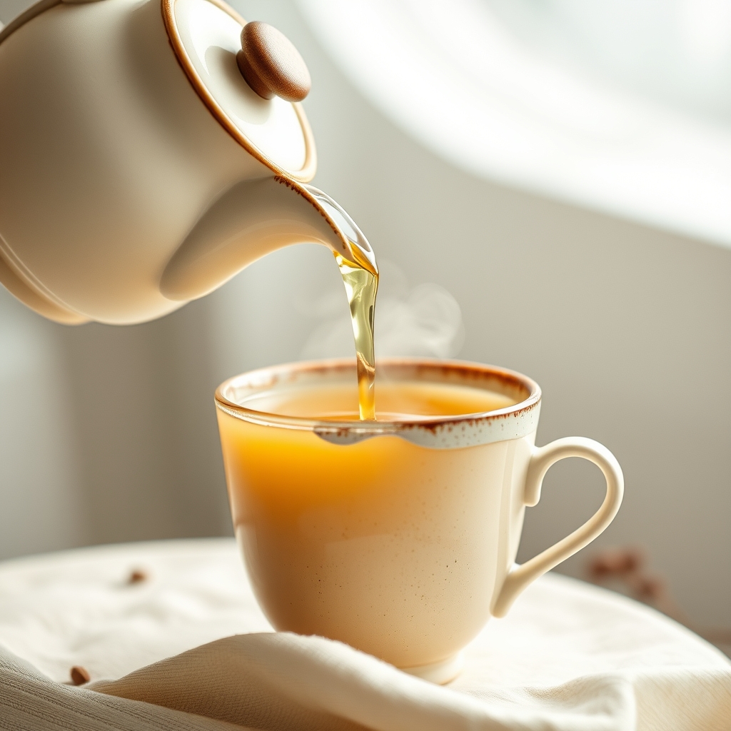 Pouring golden peach herbal tea